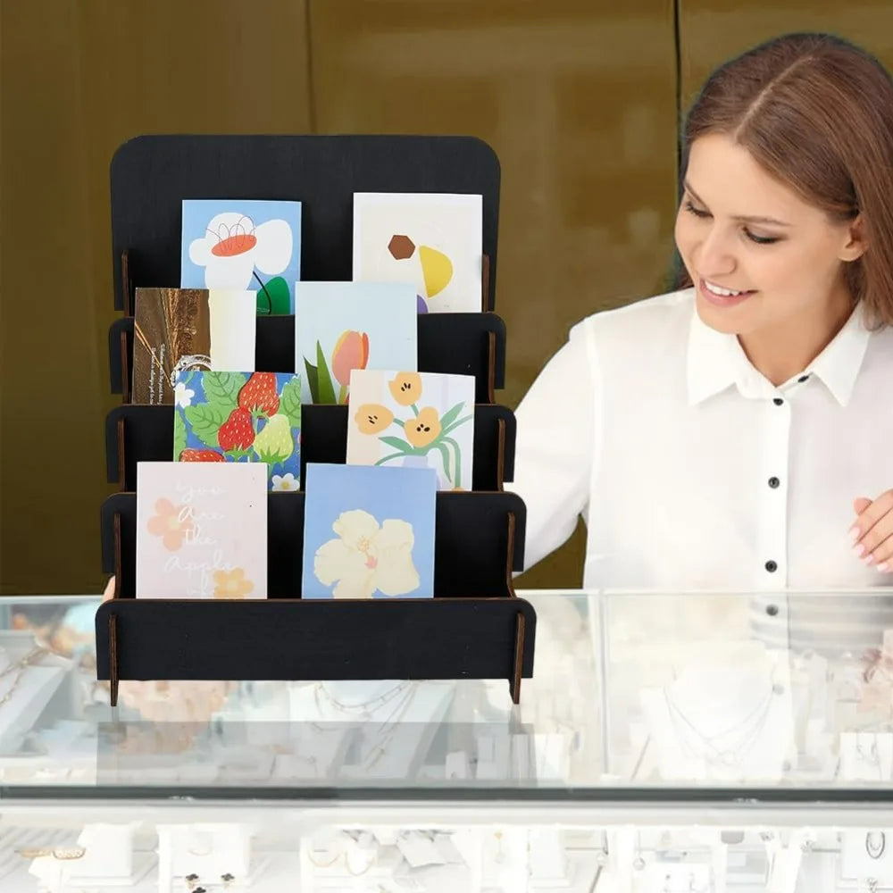 4-Tier Wooden Greeting Card & Brochure Display Stand – Black Card Display Stand QXL