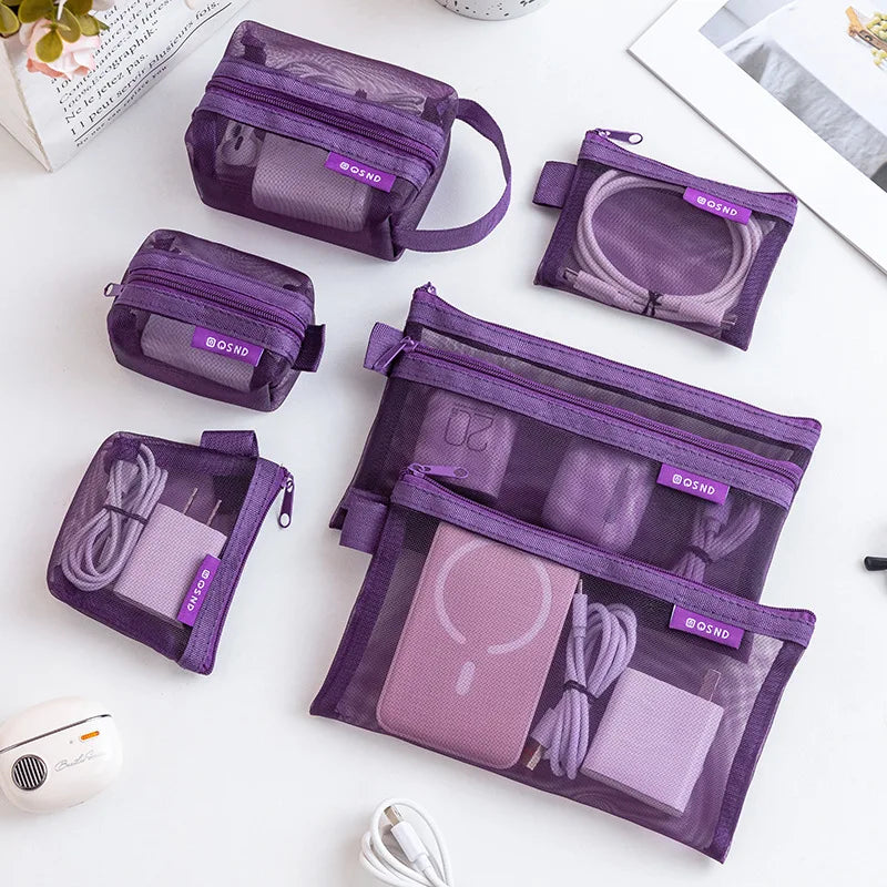 6-Pack Mesh Tech Organizer Pouches | Cable & Accessory Storage Mesh Organizer Pouches QXL PURPLE