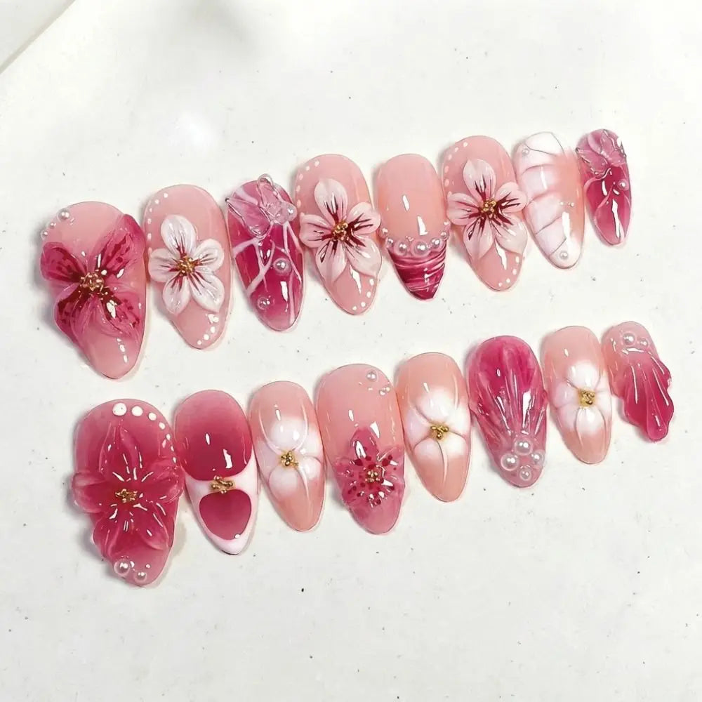 3D Flower Almond Press-On Nails | Gradient Pink Reusable Set Press-On Nail Set QXL