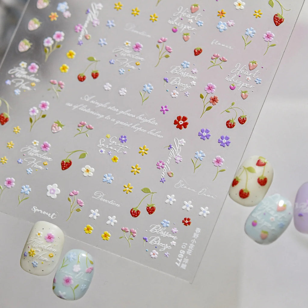5D Embossed Floral Nail Stickers | Garden Berry & Flower Decals Nail Art Stickers QXL
