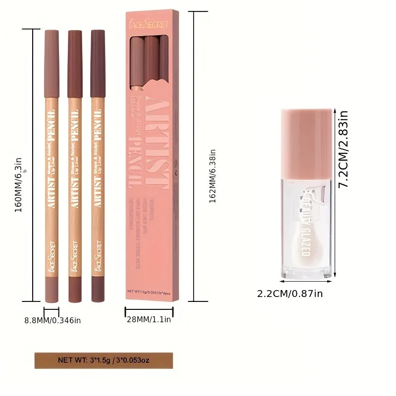 4-Pc Matte Lip Liner & Plumping Lip Oil Set – Waterproof Lip Liner Set QXL