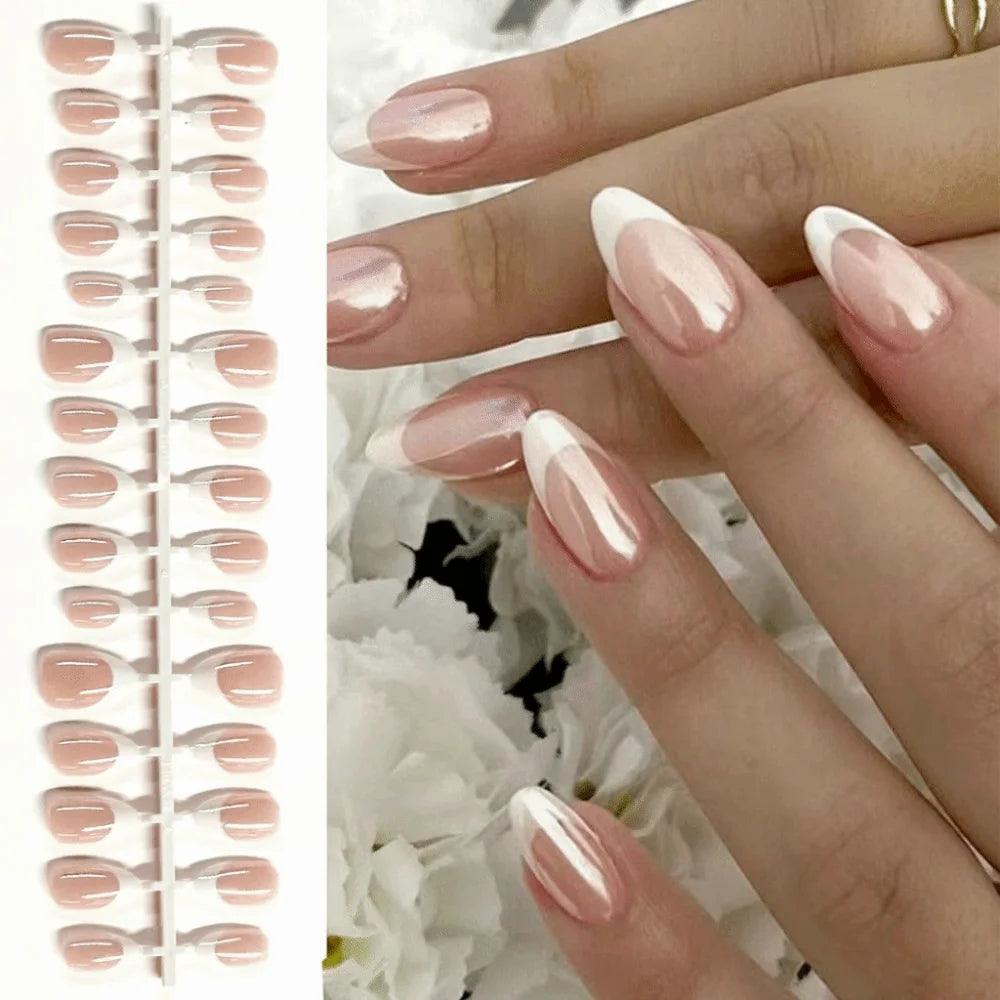 30-Pc Nude Pink Press-On Nails | Glossy White Edge Medium Press-On Nails QXL