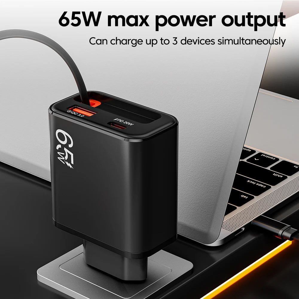 65W USB Fast Charger with Retractable Type-C Cable | PD 20W USB Wall Charger QXL