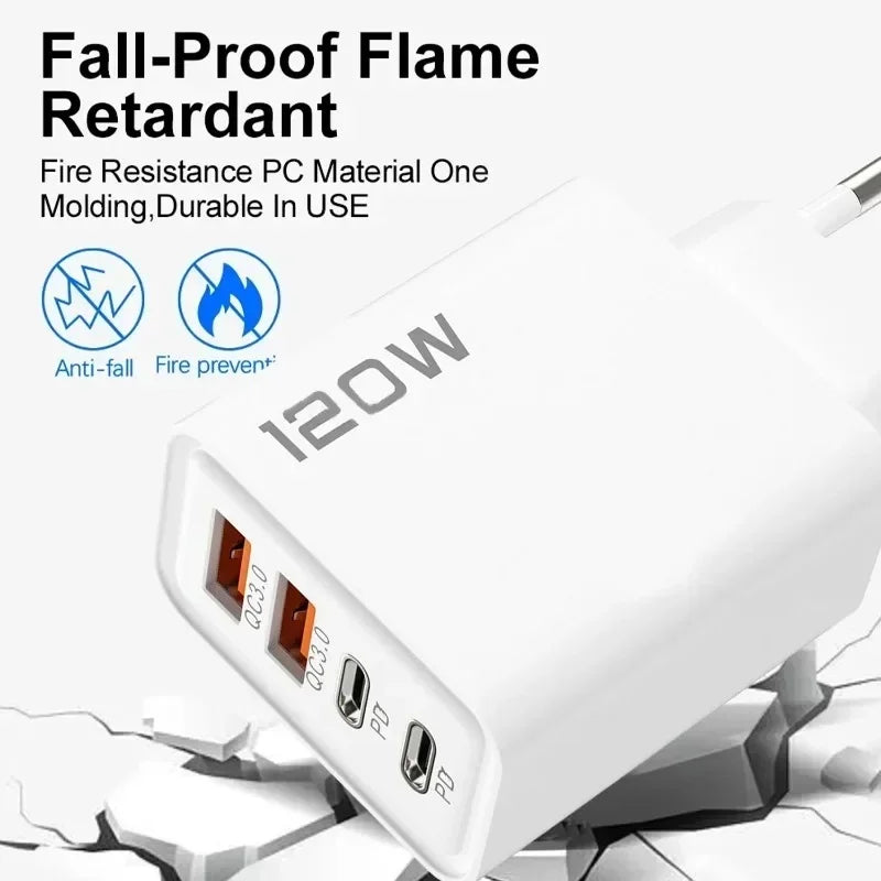 4-Port 120W USB-C PD & QC3.0 Fast Charger for Laptop & Phone USB-C Wall Charger QXL