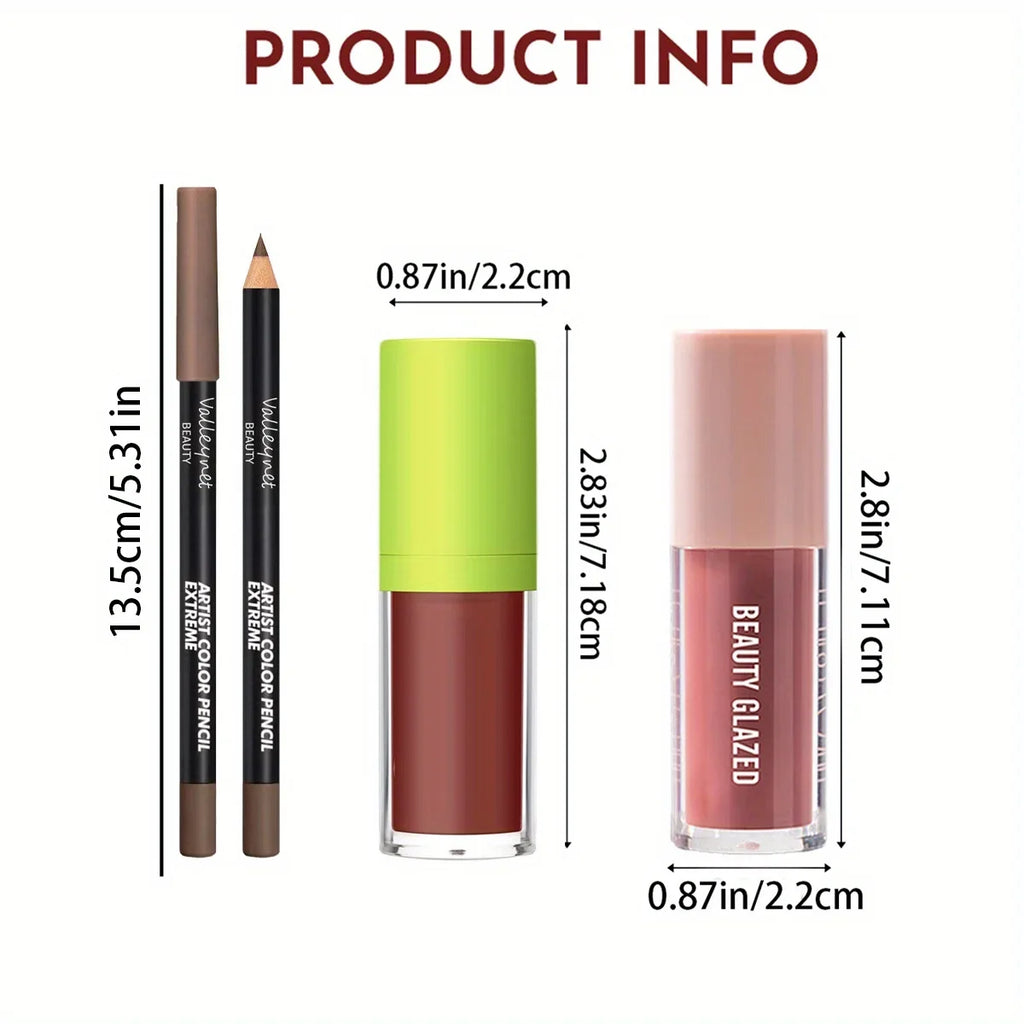 3-Piece Nude Lip Glaze & Lip Liner Set | Waterproof Long-Lasting Lip Glaze & Liner Set QXL