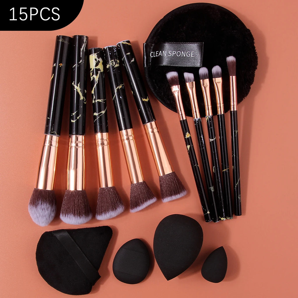 15-Pc Marble Makeup Brush Set with Sponge & Powder Puff Makeup Brush Set QXL black