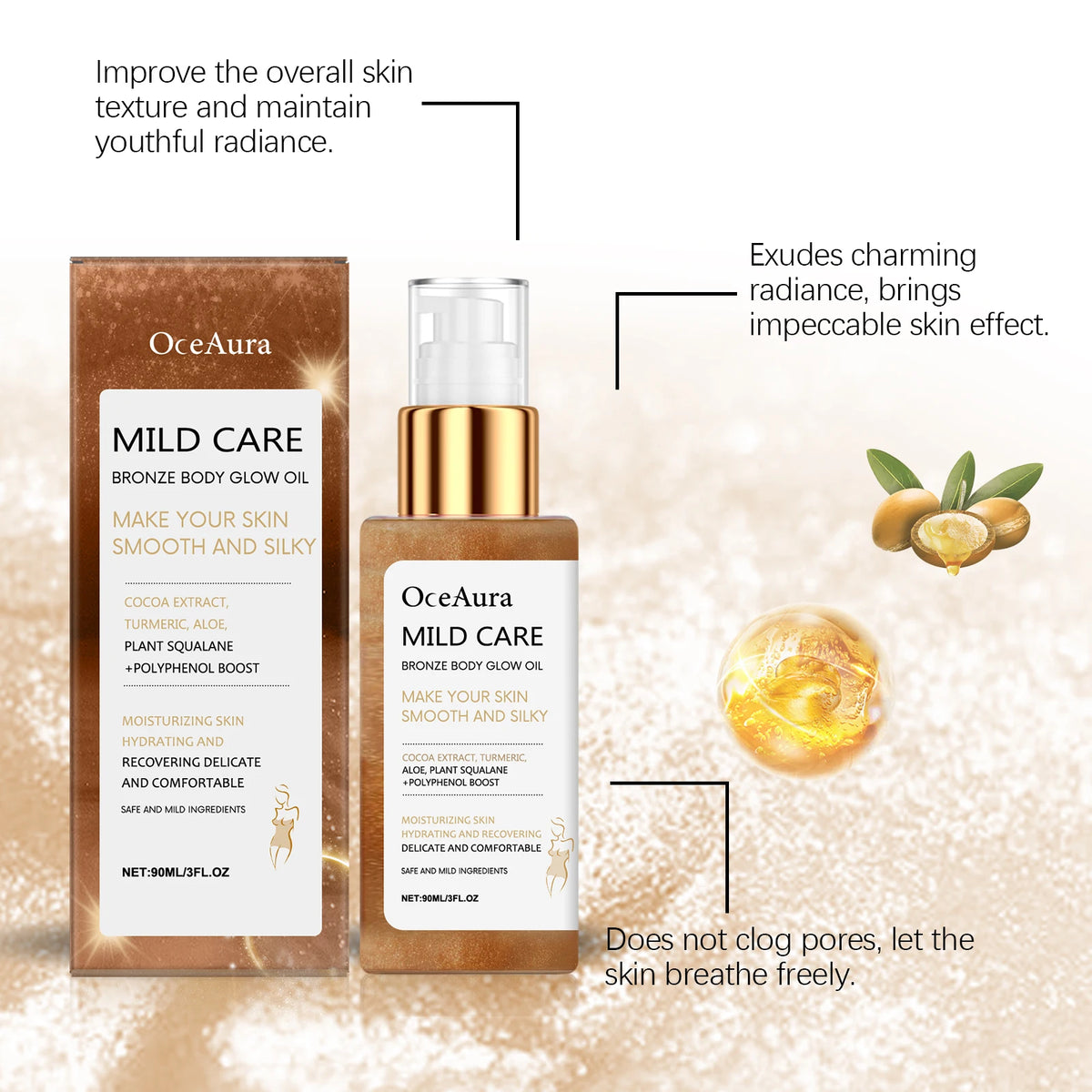 OceAura Bronze Shimmer Body Oil 90ml | Glow, Glitter & Moisture Shimmer Body Oil QXL