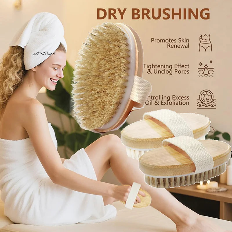 Natural Bristle Body Brush – Wet & Dry Skin Exfoliator Body Exfoliating Brush QXL