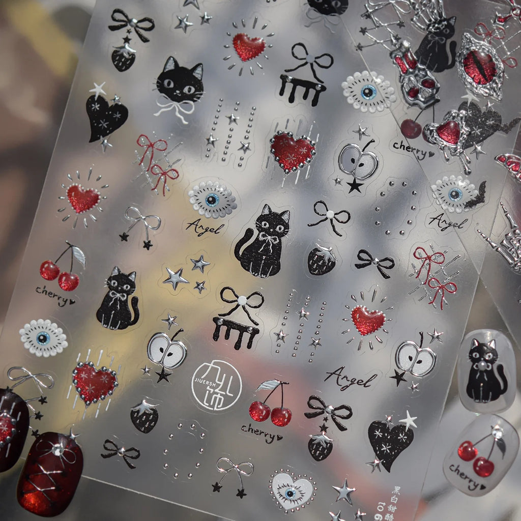 5D Nail Stickers – Black Cat Cherry Cartoon Self-Adhesive Decals Nail Art Stickers QXL