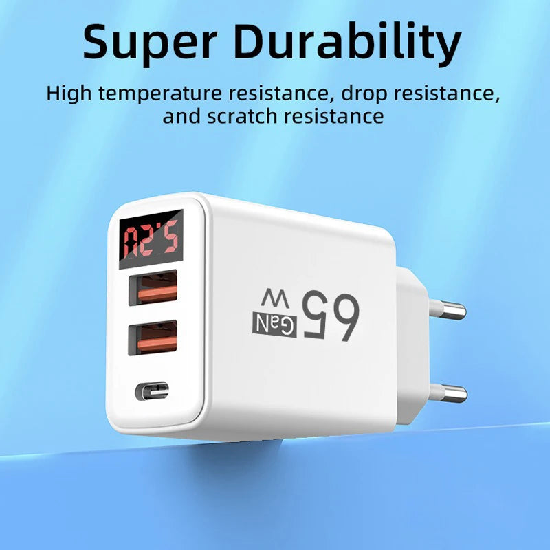 65W GaN USB-C Charger LED Display QC3.0 PD | EU US UK Plug USB-C Wall Charger QXL