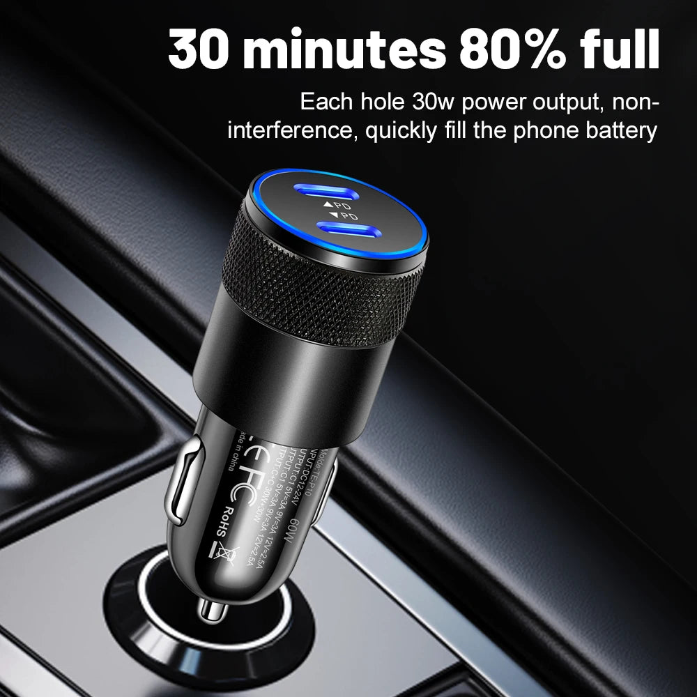 60W Dual USB-C Car Charger PD 3.0 Fast Charging Adapter Car Charger Adapter QXL