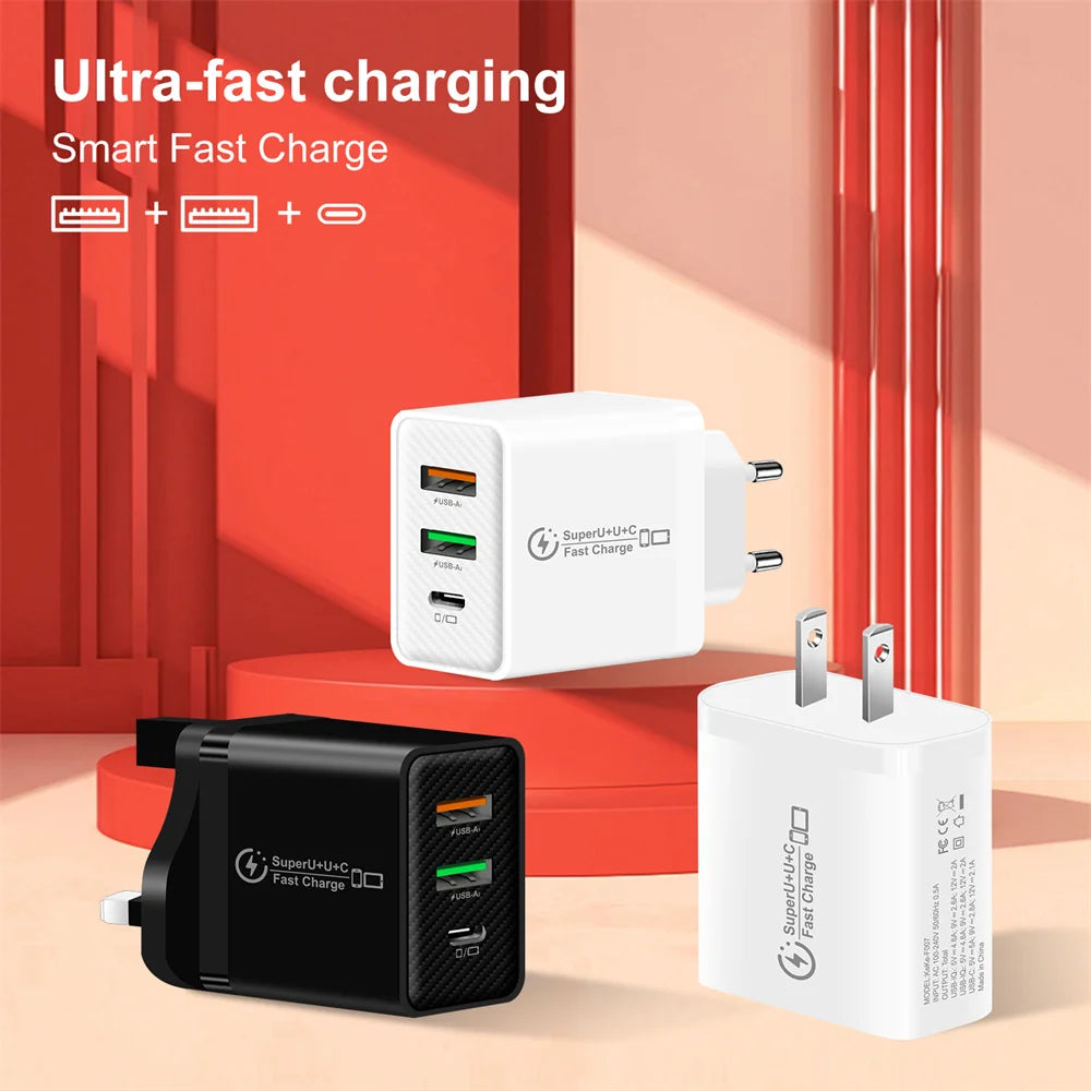 48W 3-Port USB-C PD Fast Charger | EU US UK Plug Adapter USB-C Wall Charger QXL