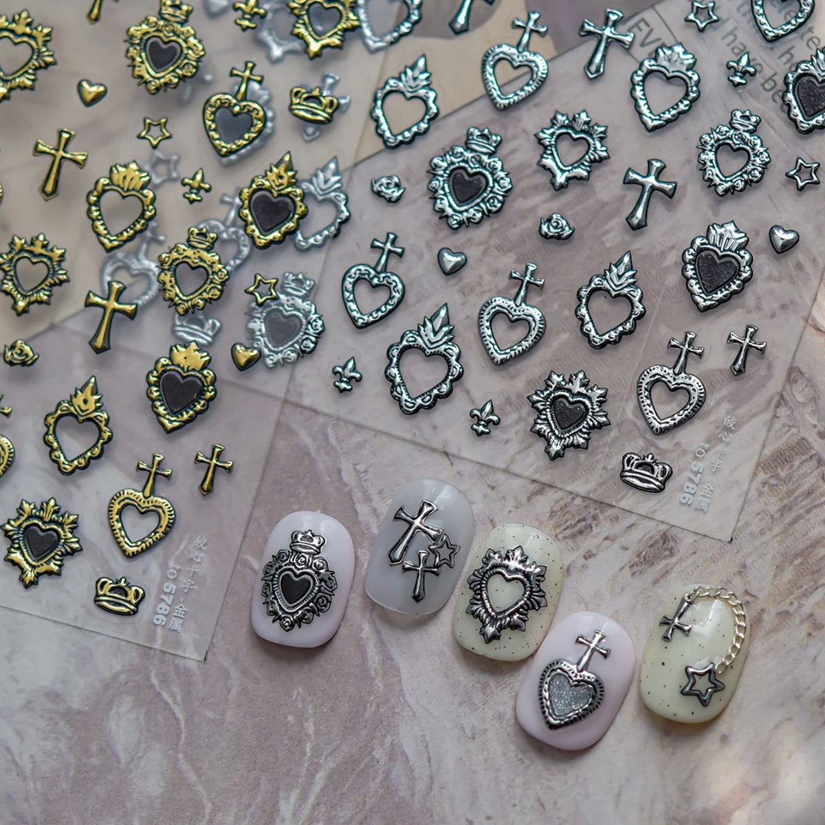 5D Vintage Metal Nail Art Stickers | Y2K Heart Crown Star Decals Nail Art Stickers QXL