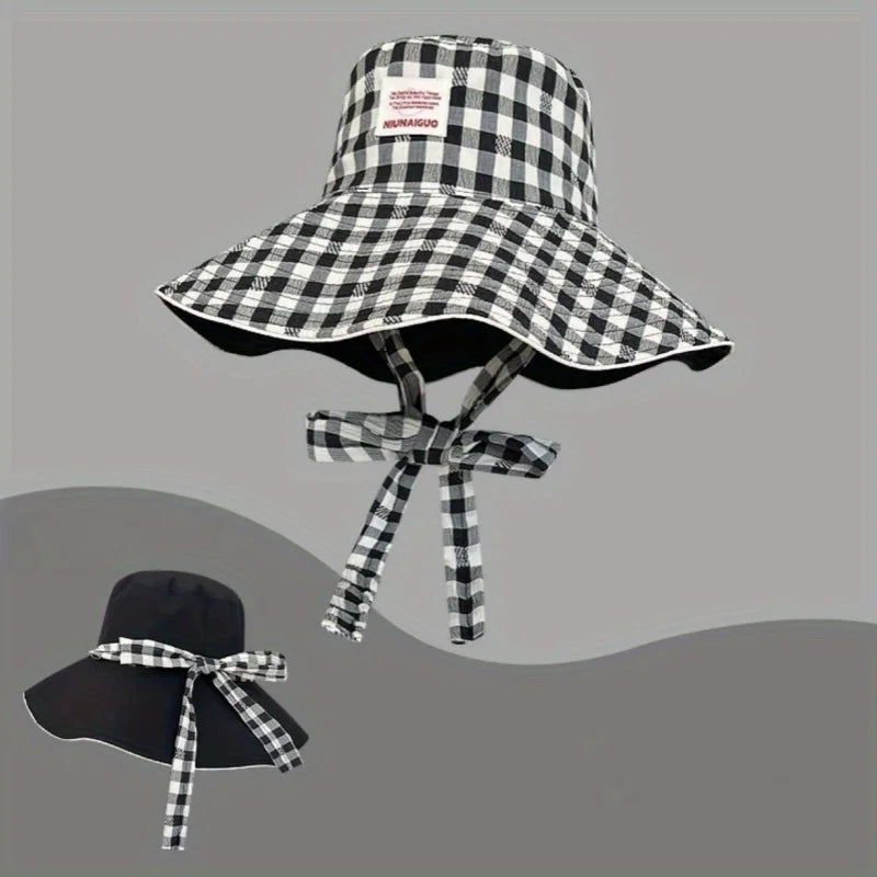 Double-Sided Checkered Wide Brim Sun Hat | Foldable Beach Hat Wide Brim Sun Hat QXL