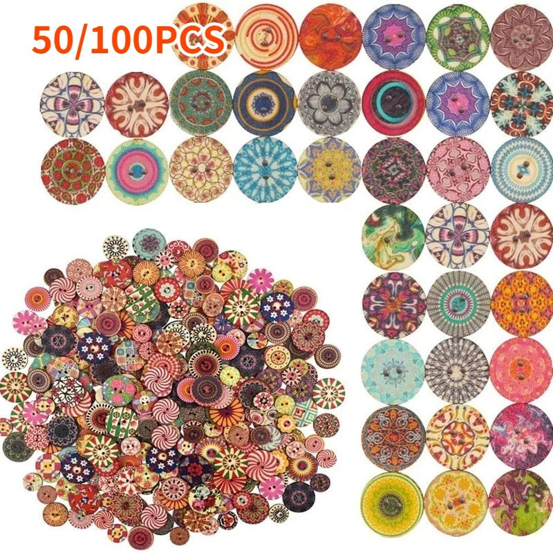 Floral Wooden Buttons 2-Hole 50/100 Pack | Assorted DIY Sewing Wooden Craft Buttons QXL