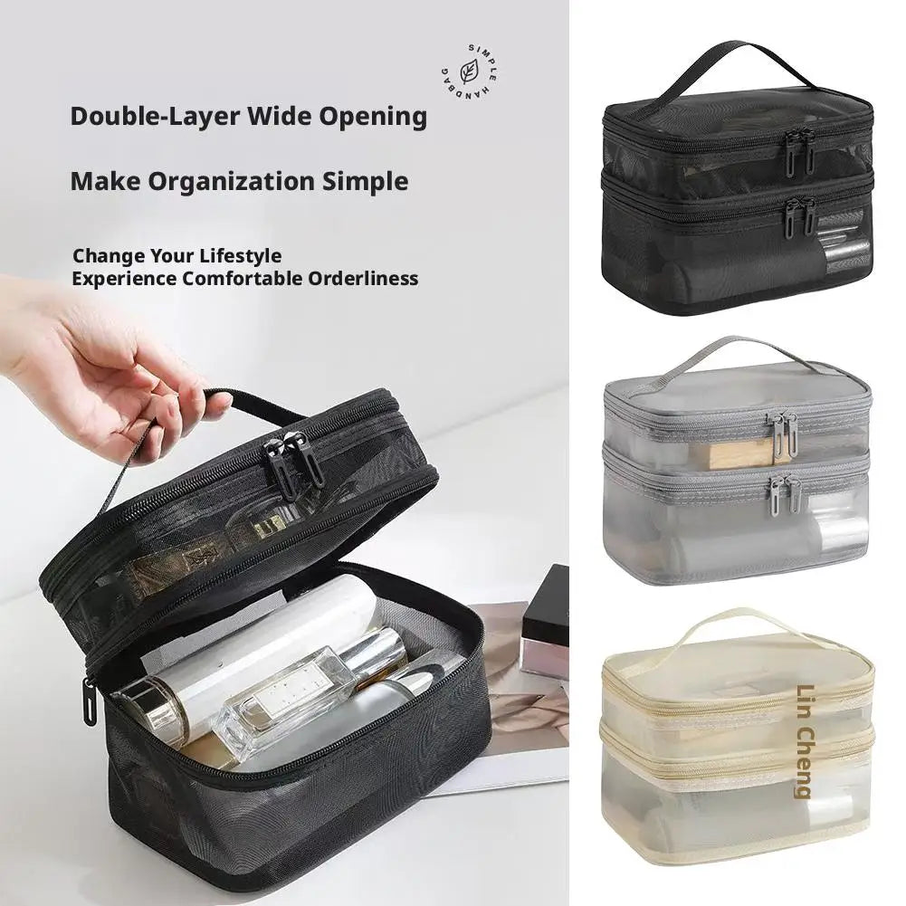 2-Layer Mesh Travel Cosmetic Organizer Bag | Foldable Makeup Pouch Travel Cosmetic Bag QXL