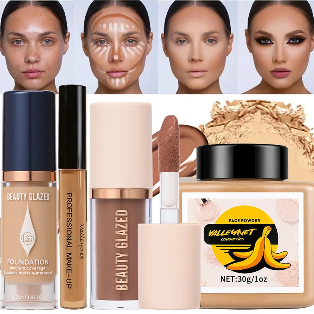 4-Piece Face Makeup Set | Foundation, Concealer, Contour & Powder Face Makeup Set QXL
