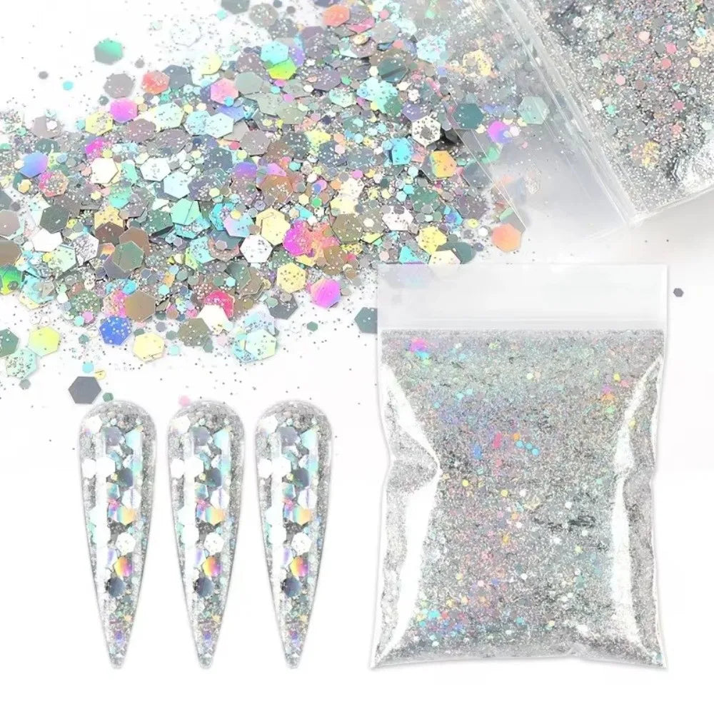 50g Holographic Nail Glitter Sequins | Hexagon PET Shimmer Nail Art Glitter QXL