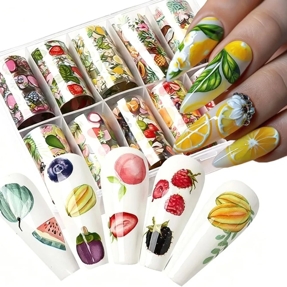 Fruit & Flower Nail Art Foil Stickers | Lemon Strawberry Decals Nail Art Stickers QXL WHITE