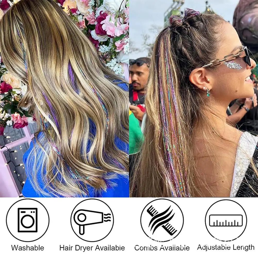 12-Pack Glitter Tinsel Clip-In Hair Extensions | Festival Shimmer Clip-In Hair Extensions QXL