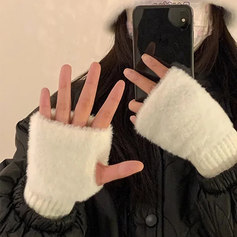 Women's Fleece Half Finger Gloves | Warm Knit Wrist Mittens Fingerless Winter Gloves QXL