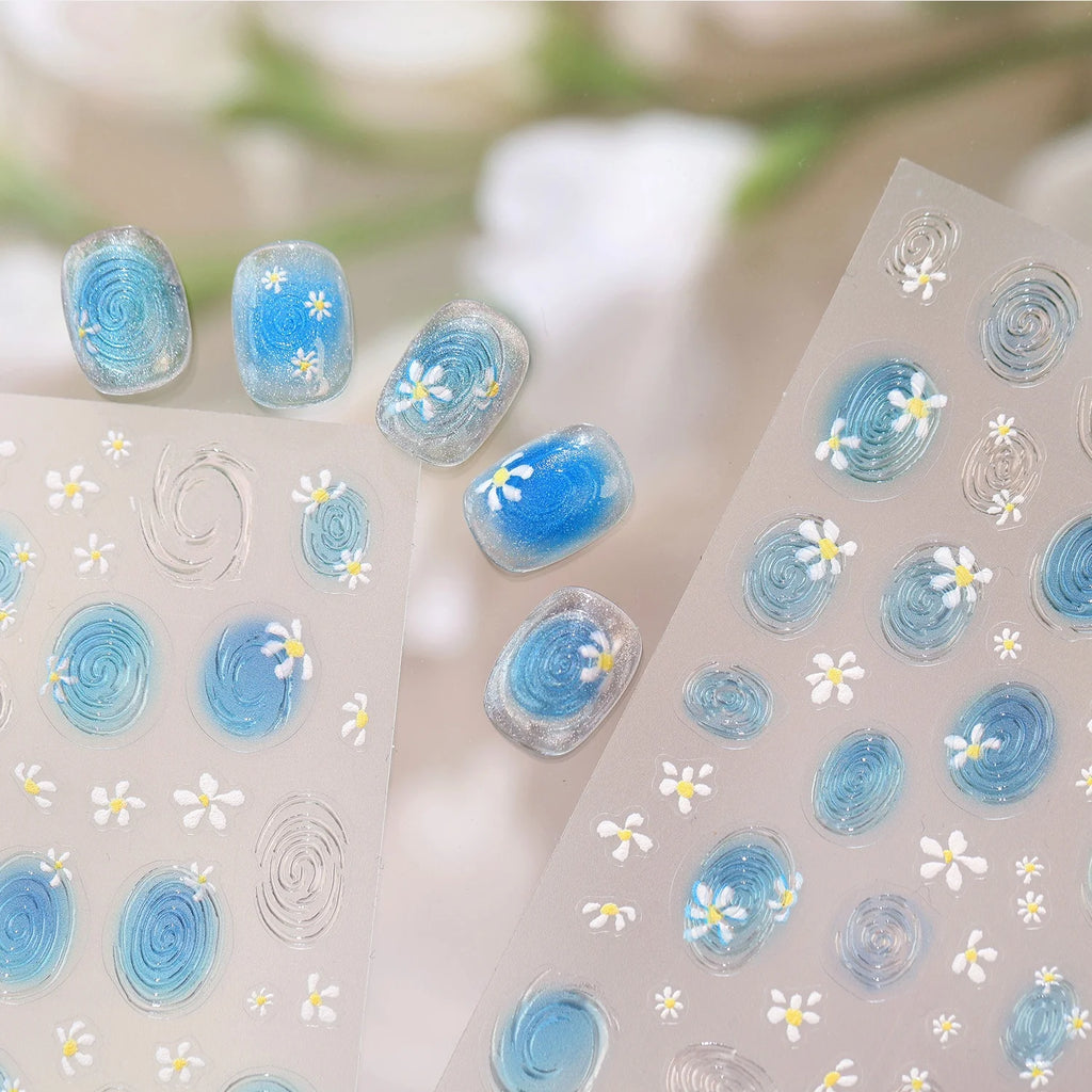 5D Summer Nail Stickers – Water Ripple & Daisy Beach Decals Nail Art Stickers QXL