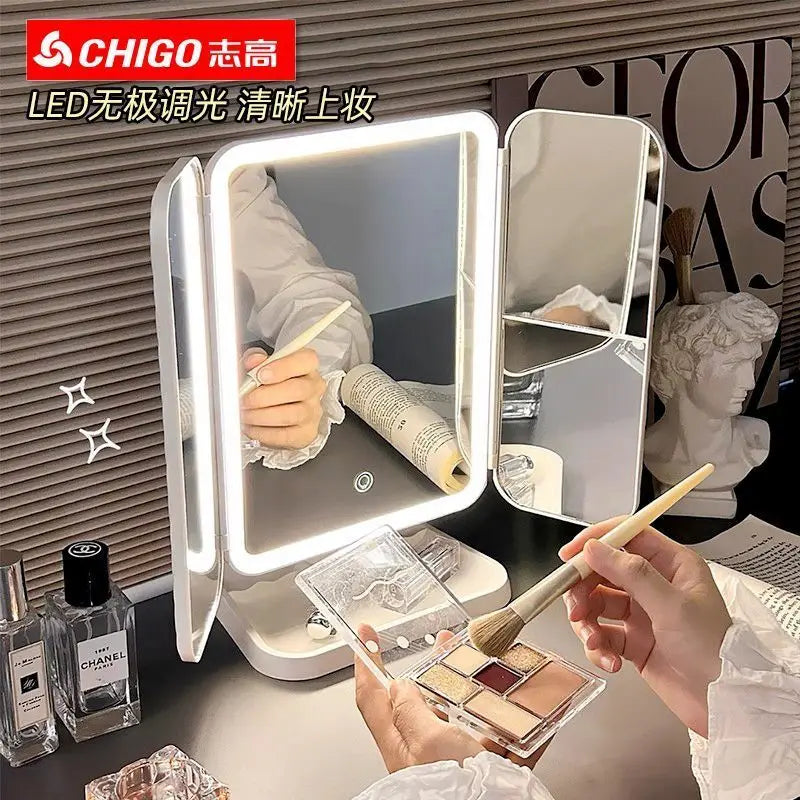 LED Lighted Trifold Folding Makeup Mirror | Double-Door Desktop Lighted Makeup Mirror QXL