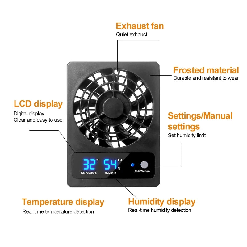 Reptile Tank Smart Cooling Fan | LED Temp & Humidity Sensor Reptile Enclosure Fan QXL