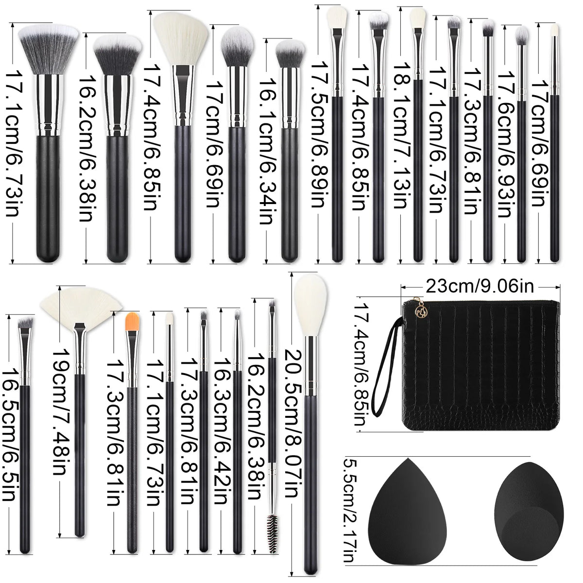 20-Pc Black Makeup Brush Set with Sponge & Croc Bag Makeup Brush Set QXL