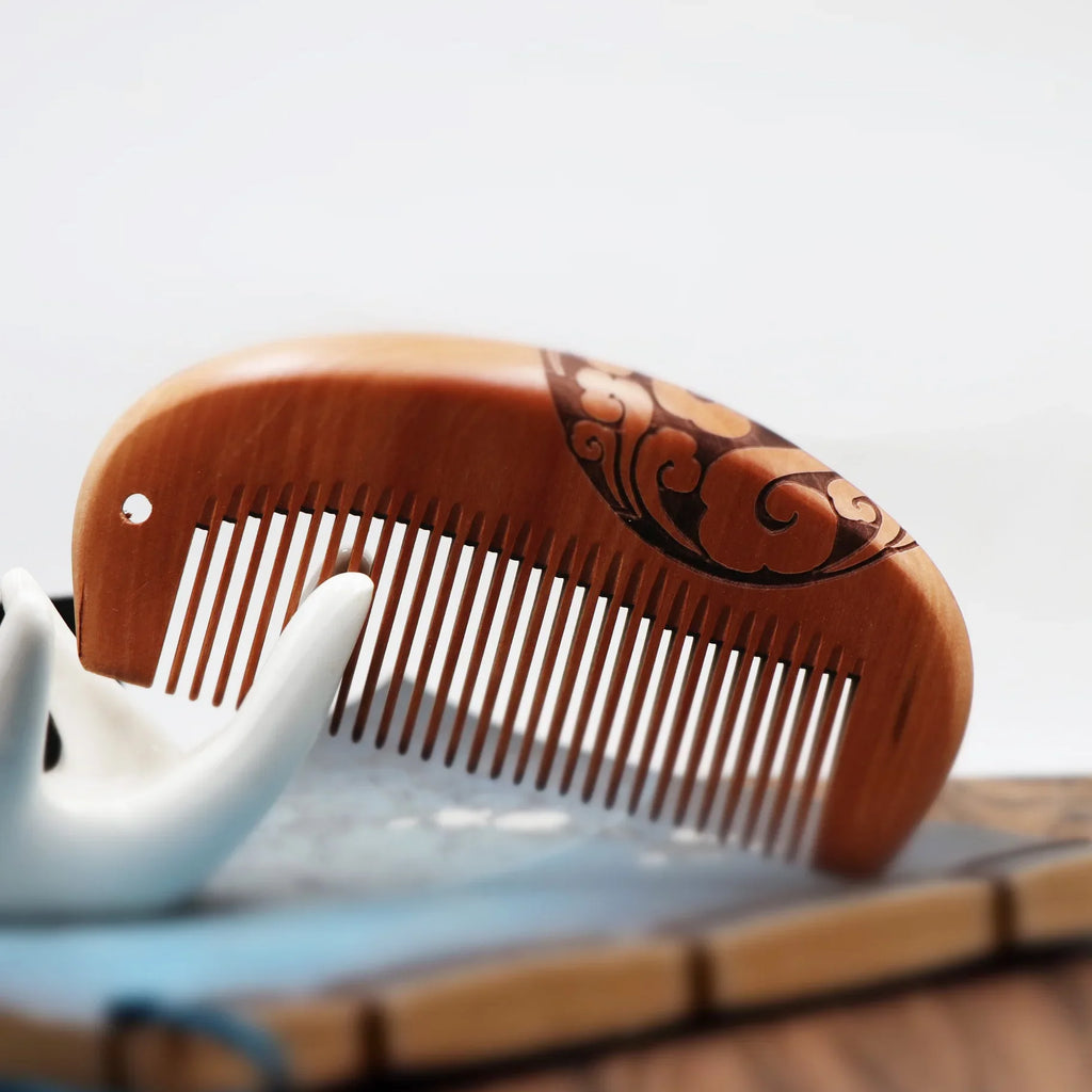 Carved Peach Wood Hair & Beard Comb | Small 10–15cm Wooden Hair Comb QXL