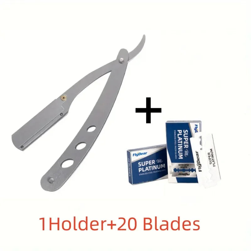 Foldable Straight Razor Holder | Stainless Steel Men's Shaver Straight Razor Holder QXL 1Holder 20 Blades