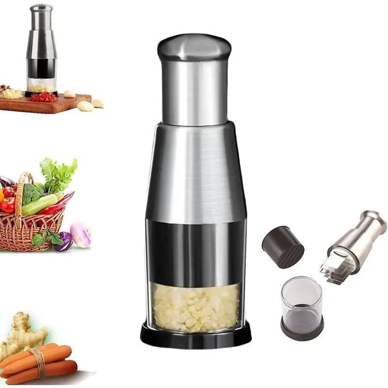 Stainless Steel Garlic Chopper & Onion Press | Manual Veggie Tool Garlic & Vegetable Chopper QXL