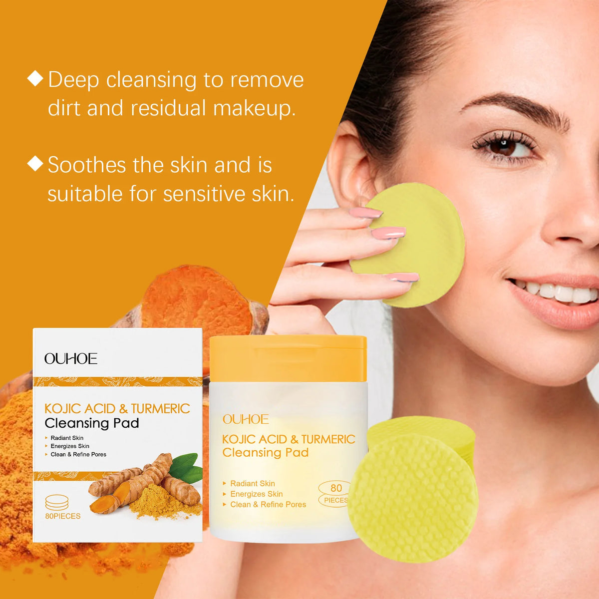 OUHOE Turmeric & Kojic Acid Exfoliating Facial Cleansing Pads 80pk Exfoliating Cleansing Pads QXL