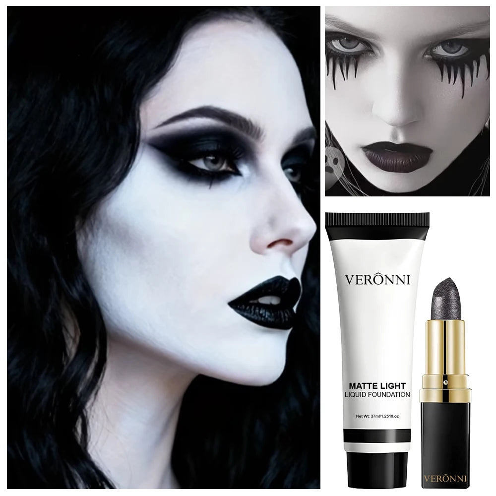 Matte White Foundation & Black Lipstick | Goth Halloween Set Cosplay Makeup Set QXL