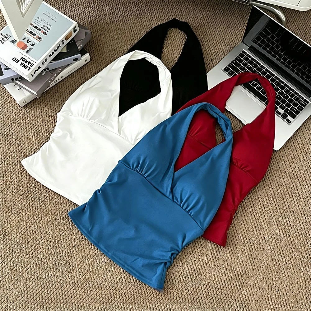 Women's Halter V-Neck Cami Top with Built-In Bra Pads Halter Cami Top QXL