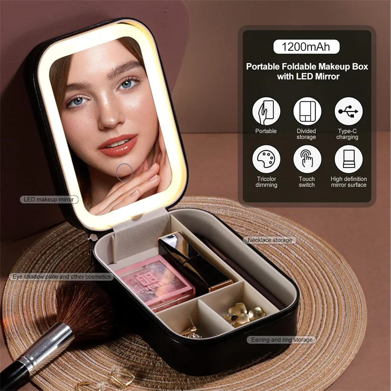 LED Mirror Makeup Storage Case | 3-Color Adjustable Light Box LED Makeup Storage Case QXL