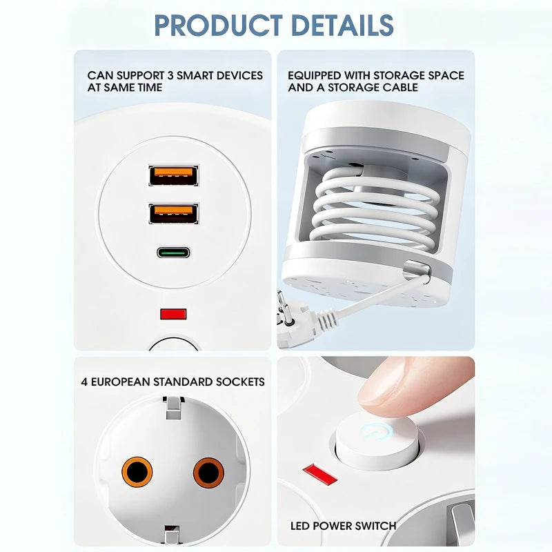 EU Power Strip 4 Outlets USB USB-C | 2.8m Retractable Cable EU Power Strip QXL