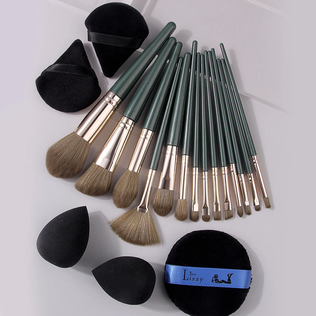 19-Pc Makeup Brush Set with Sponge & Puff | Dark Green Kit Makeup Brush Set QXL