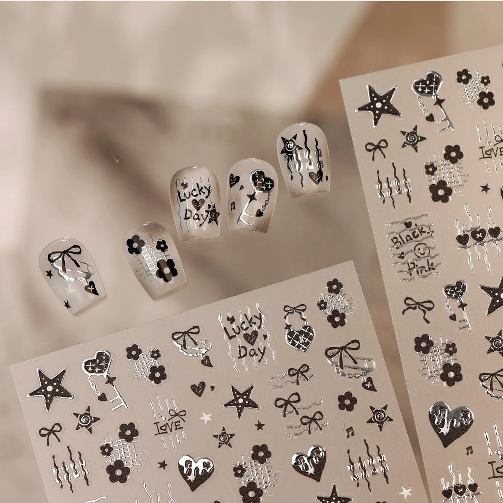 Y2K 5D Nail Art Stickers – Black Silver Lace, Hearts & Bows Nail Art Stickers QXL