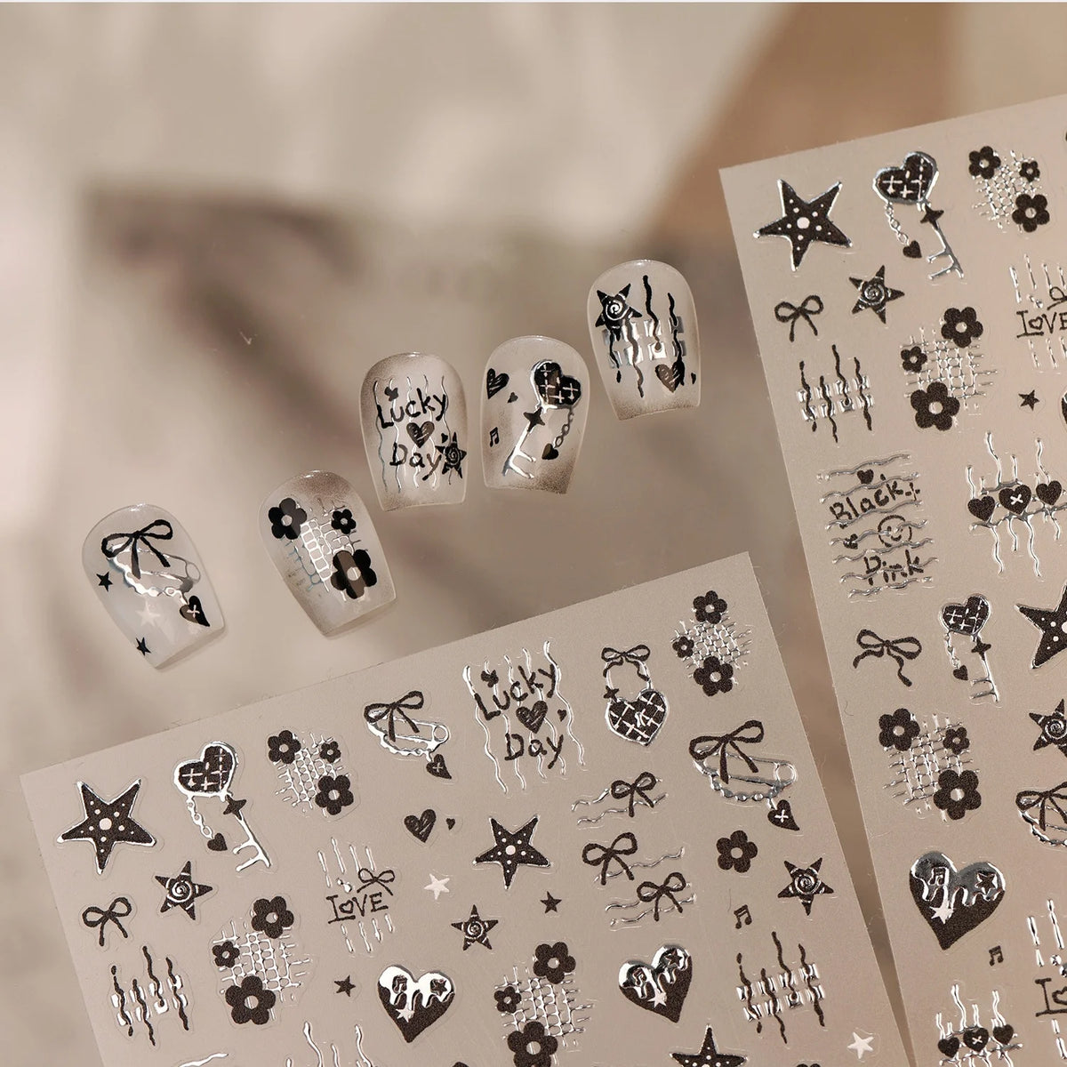Y2K 5D Nail Art Stickers – Black Silver Lace, Hearts & Bows Nail Art Stickers QXL