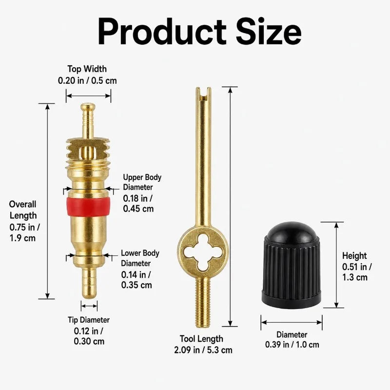 Brass Schrader Tire Valve Core Kit + Remover Tool & Dust Caps Tire Valve Core Kit QXL