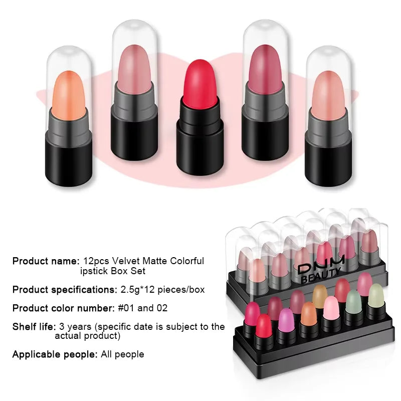 12-Piece Matte Lipstick Gift Set | Waterproof Velvet Lip Gloss Matte Lipstick Set QXL