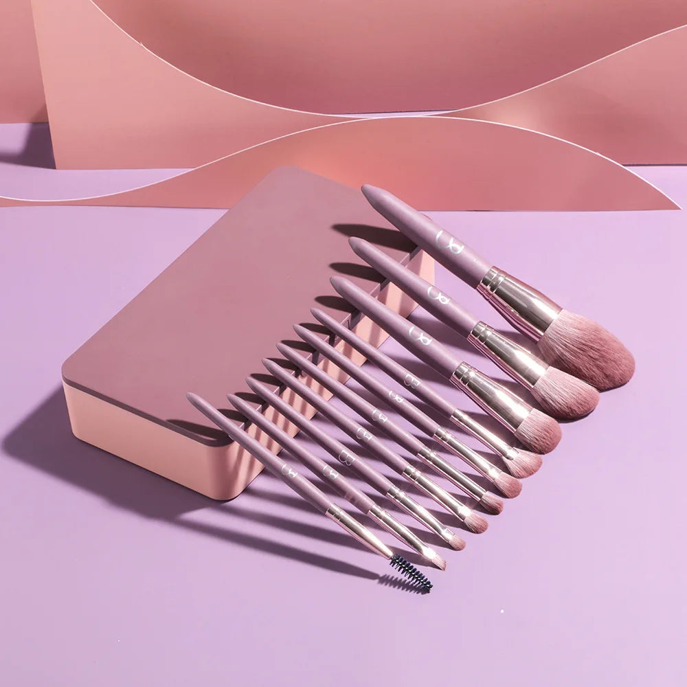 Purple 10-Piece Makeup Brush Set with Mirror Box | Portable Makeup Brush Set QXL 10 purple and mirror