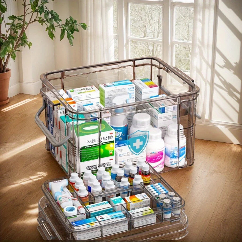 Clear Medicine Organizer Box with Tray & Labels | PA+PE Medicine Storage Box QXL