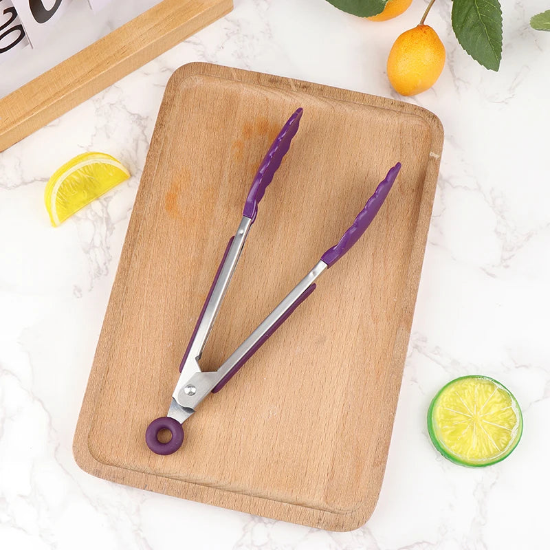 7-Inch Stainless Steel BBQ Food Tongs | Non-Slip Kitchen Clip Kitchen Food Tongs QXL Purple