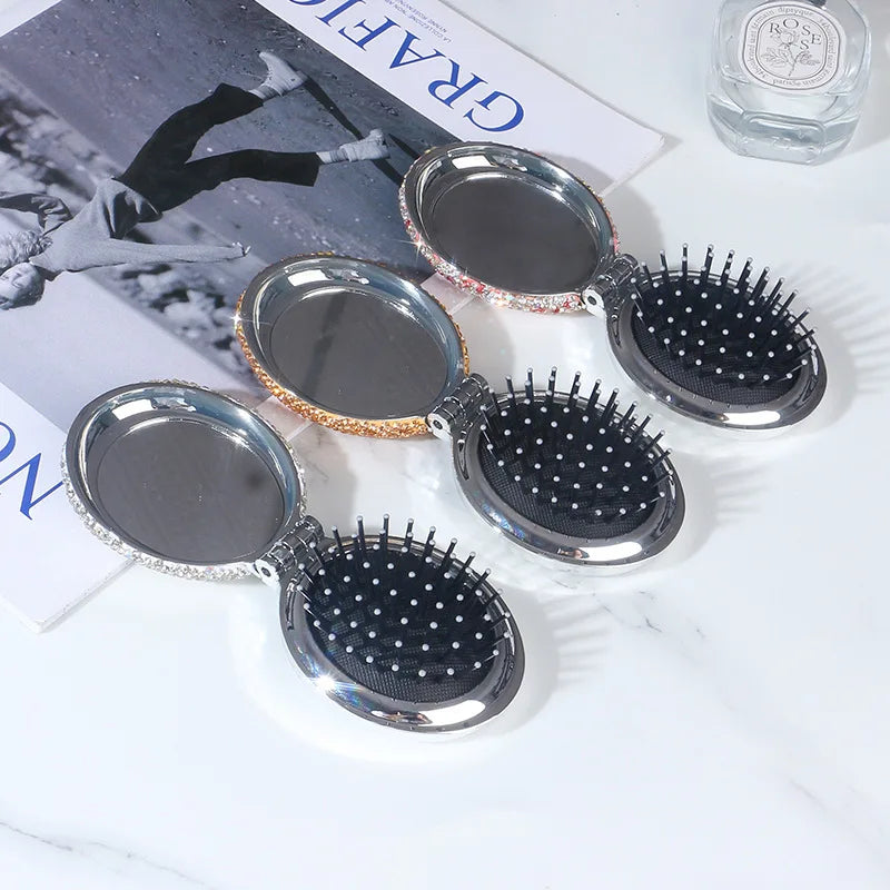 Diamond Pocket Mirror & Foldable Air Cushion Comb | 2-in-1 Compact Mirror Comb QXL