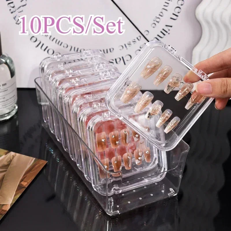 10-Pack Clear Acrylic Press-On Nail Storage Boxes + Adhesive Nail Storage Box QXL