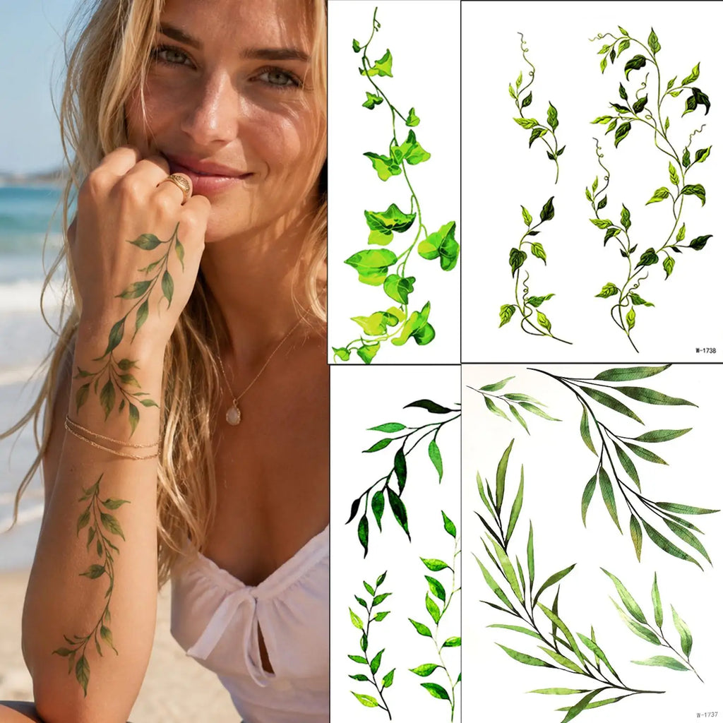 Green Vine & Leaf Waterproof Temporary Tattoo Stickers Temporary Tattoo Sticker QXL