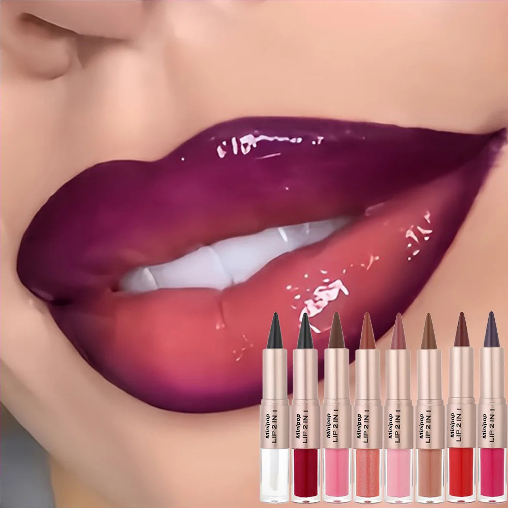 2-in-1 Matte Lip Liner & Gloss Pen | Waterproof, 8 Shades Lip Liner & Gloss QXL