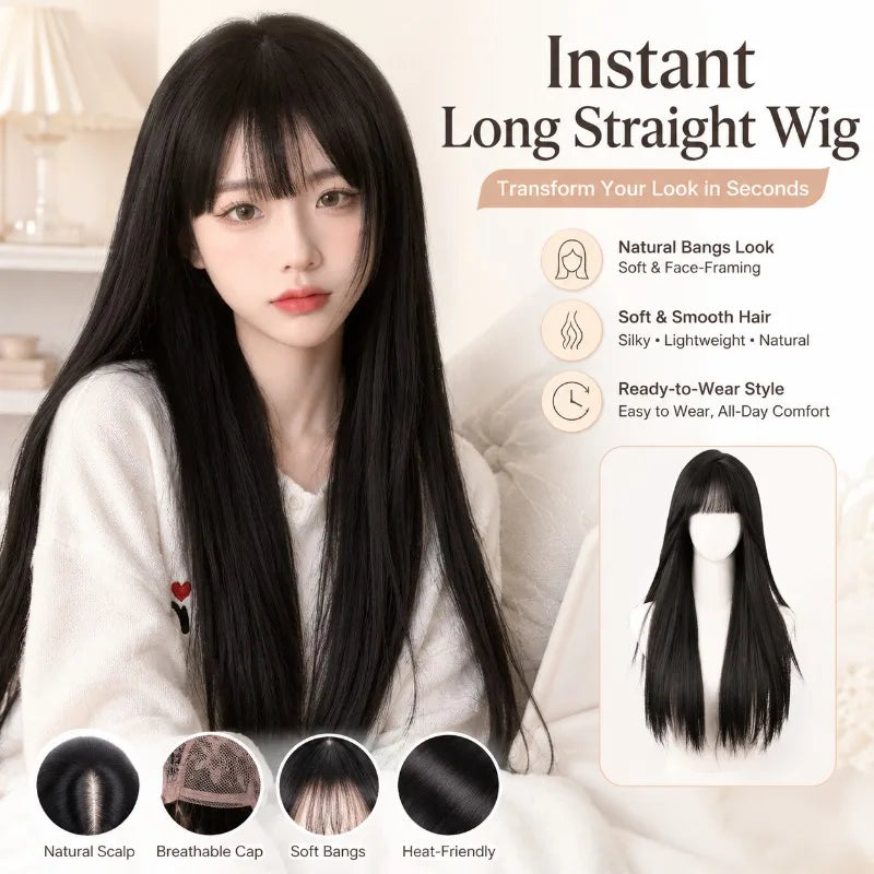 Long Straight Black Wig – Air Bangs & S-Shape Parting Synthetic Hair Wig QXL